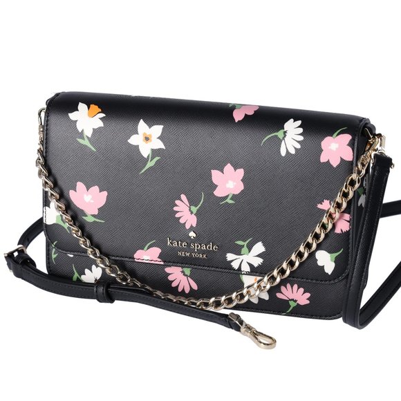 Kate Spade Madison Black Floral Pink Waltz Flap Convertible Crossbody KF441 - Picture 4 of 9